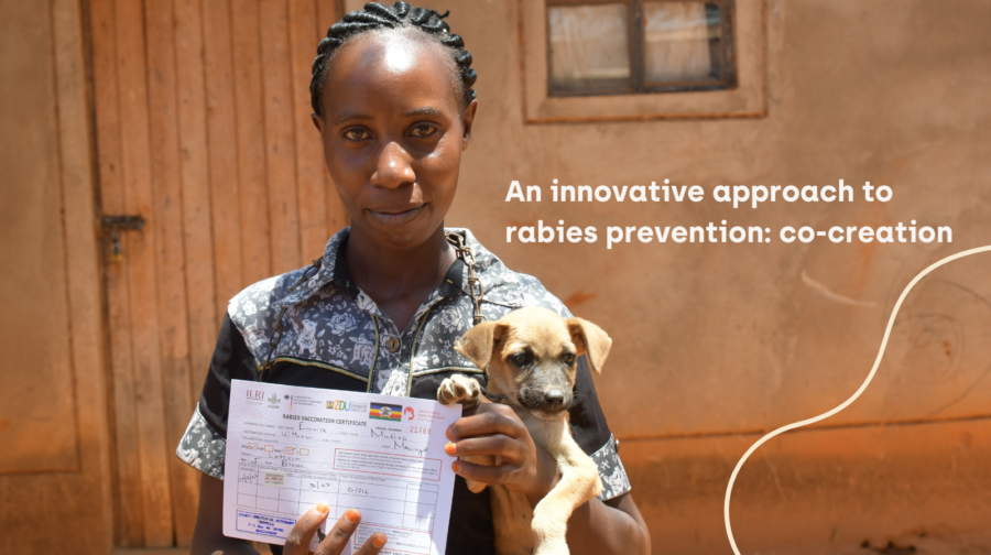 A woman holding both her vaccinated puppy and a vaccination certificate up into the camera.