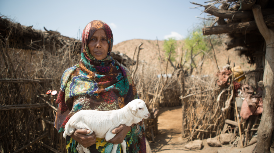 A woman wearing a colorful scarf and traditional clothing holds a small white lamb in front of simple wooden structures. The dry landscape and bright blue sky reflect the arid environment.